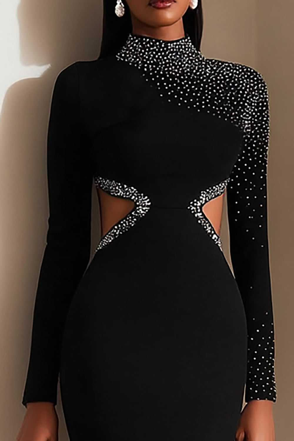 Sparkly Black Bodycon Cut Out Midi Work Dress