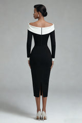 Off the Shoulder Black Bodycon Midi Work Dress