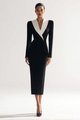 Black Bodycon Long Slleve V Neck Midi Work Dress