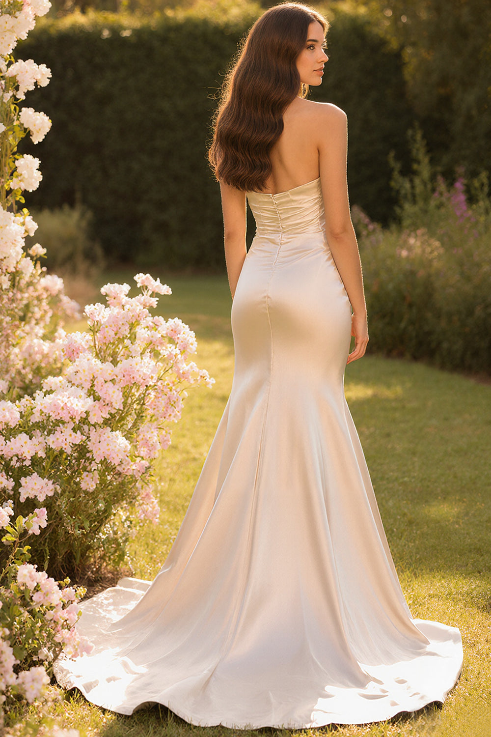 Mermaid Strapless Champagne Maxi Prom Dress