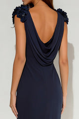 Navy Cowl Neck Ruffled Maxi Formal Dress