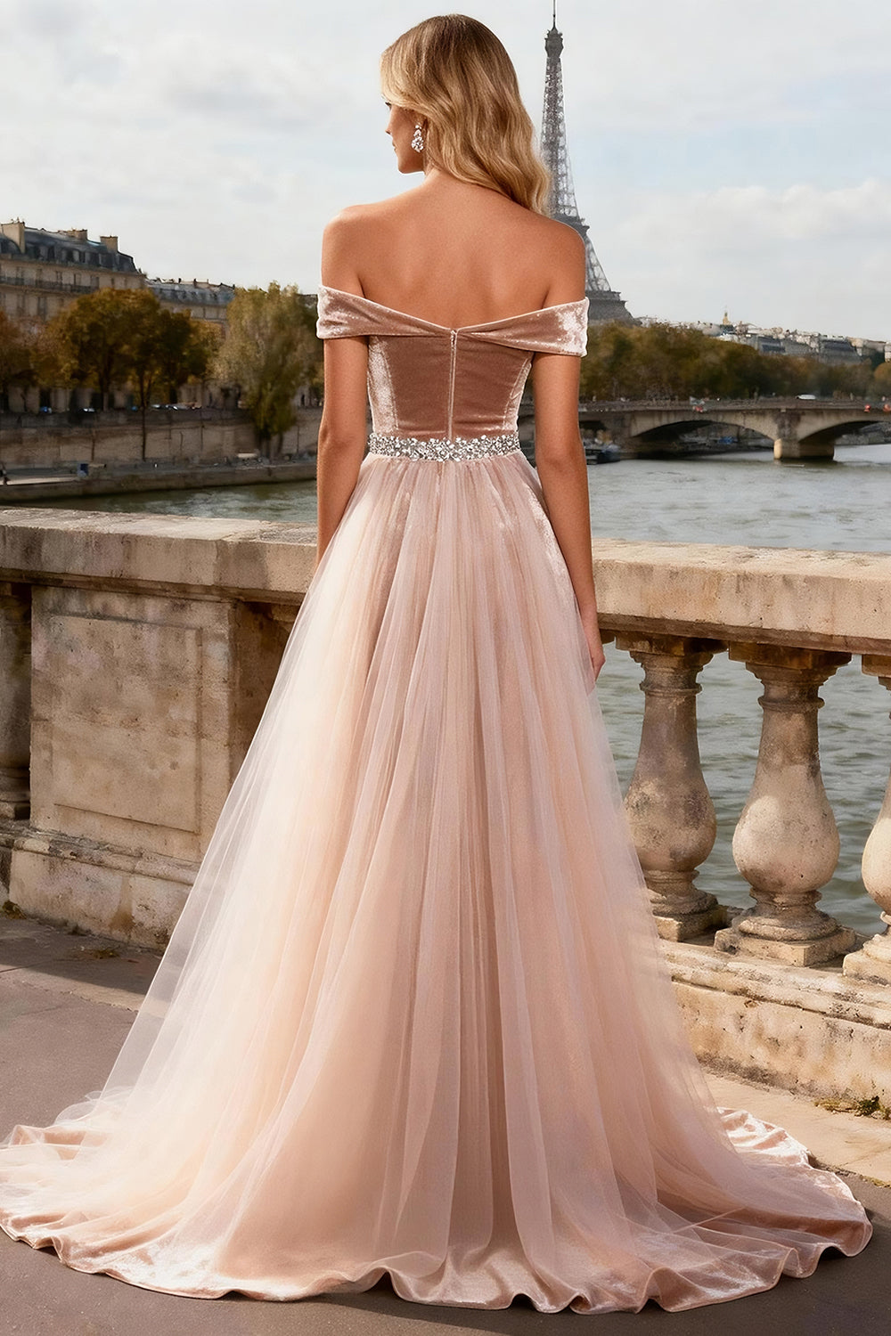 Off The Shoulder Champagne Mermaid Prom Dress With Slit