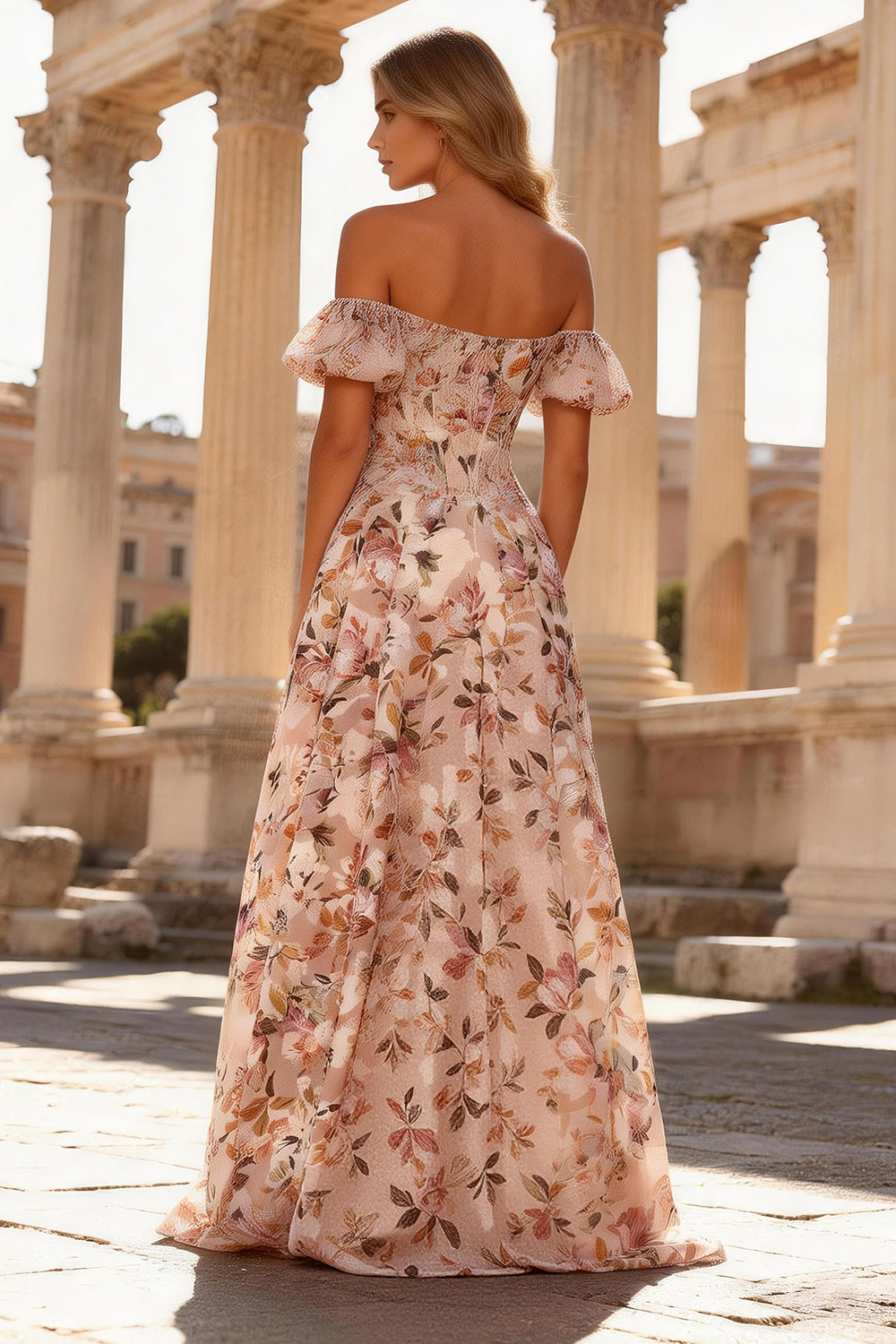 Off the Shoulder Corset Pink Floral A Line Prom Dress