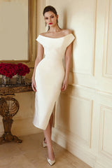 Off the Shoulder Satin Mermaid Midi White Dress
