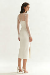 Long Sleeve Satin Midi White Dress with Slit