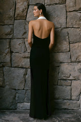 Halter Sheath Black and White Ruched Formal Dress