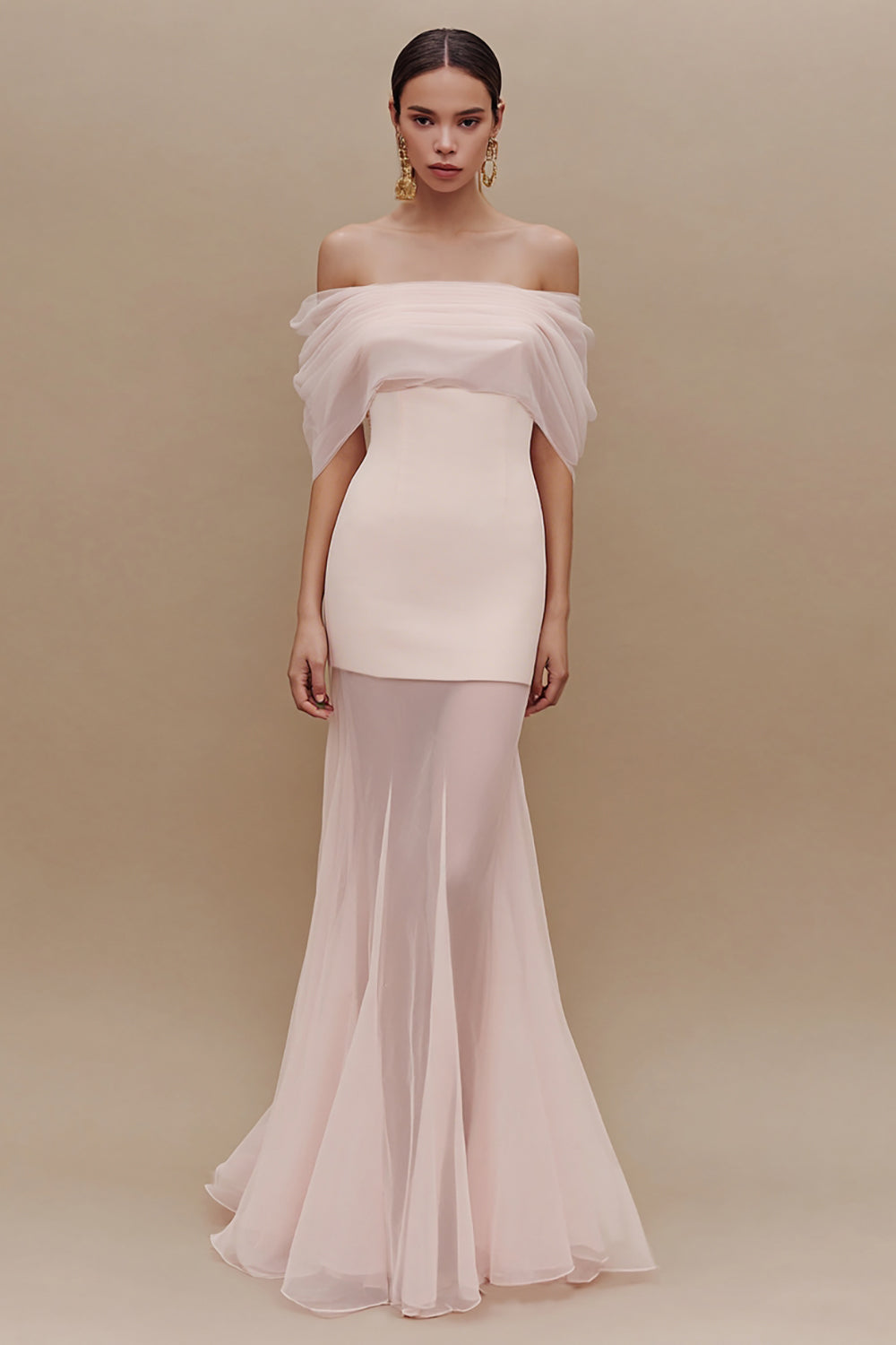 Ivory Off the Shoulder Mermaid Ruched Maxi Engagement Dress