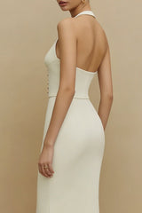 Simple Halter Corset Midi White Dress