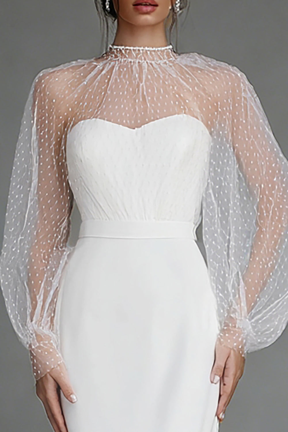 Illusion Neck Ivory Sheath Midi Formal Dress