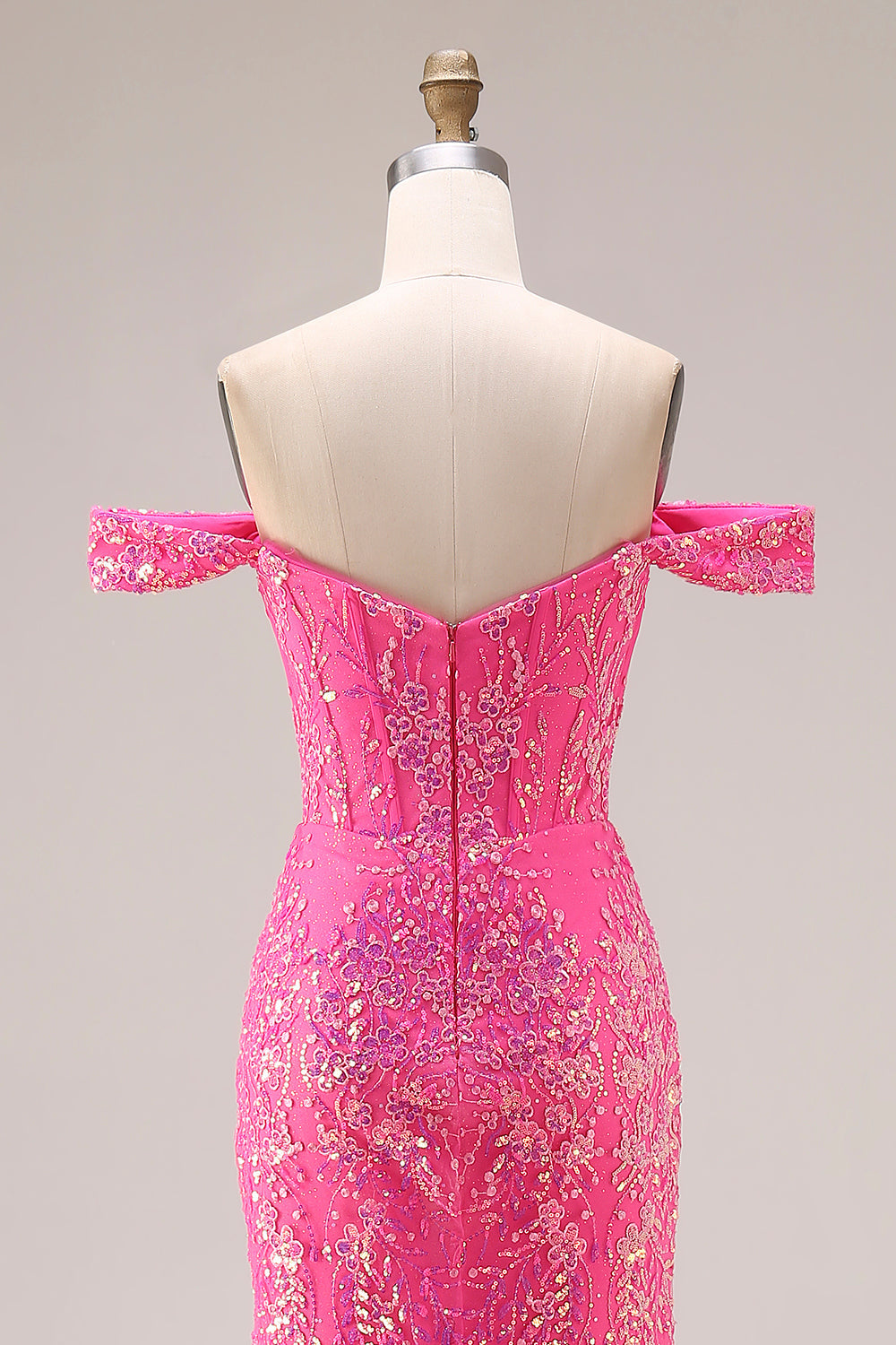Sparkly Off the Shoulder Appliqued Fuchsia Prom Dress
