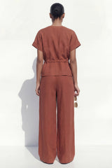 Caramel 2 Piece Women's Linen Suits with Short Sleeves