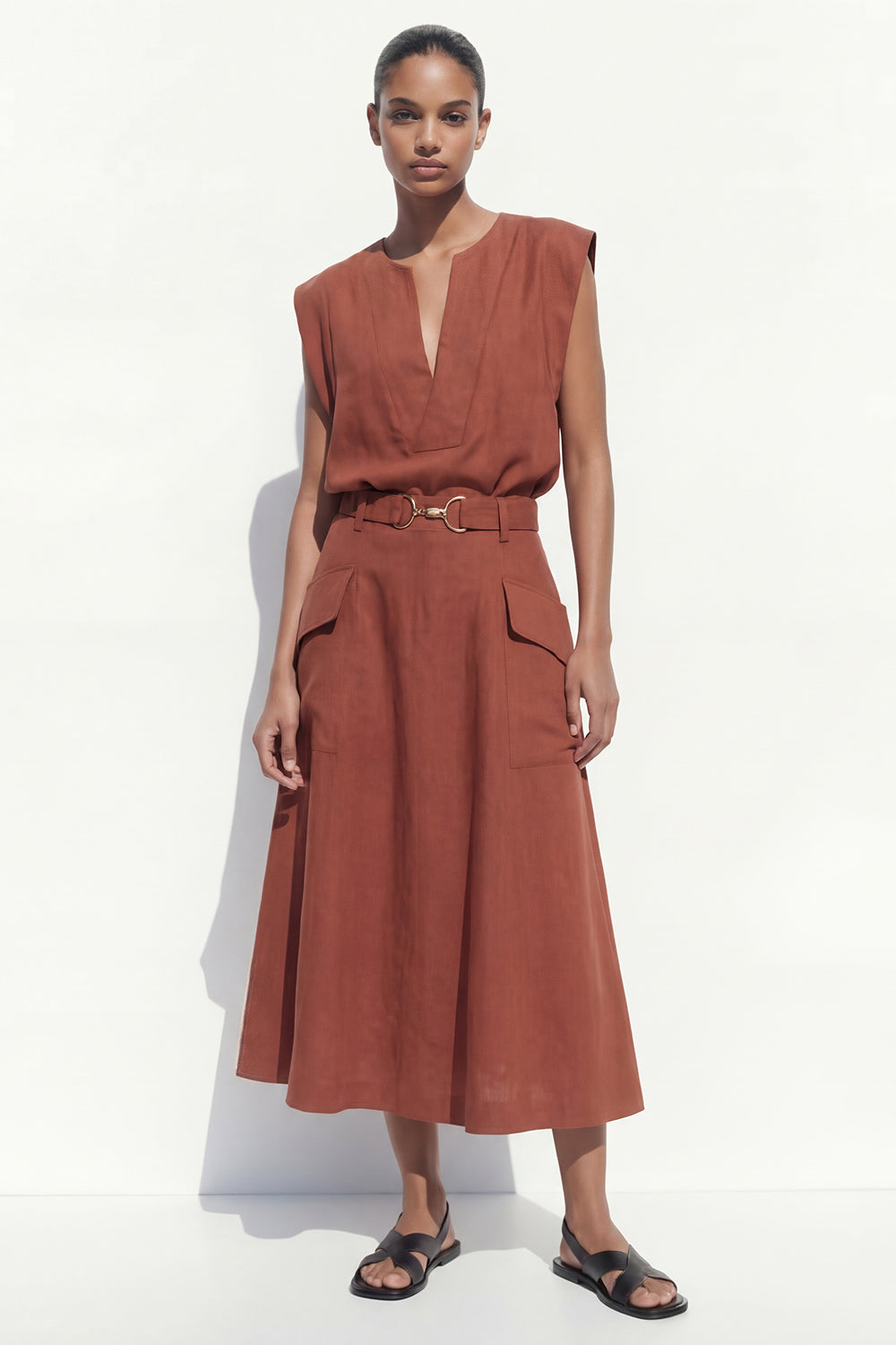 Caramel 2 Piece A Line Midi Work Dress with Belt