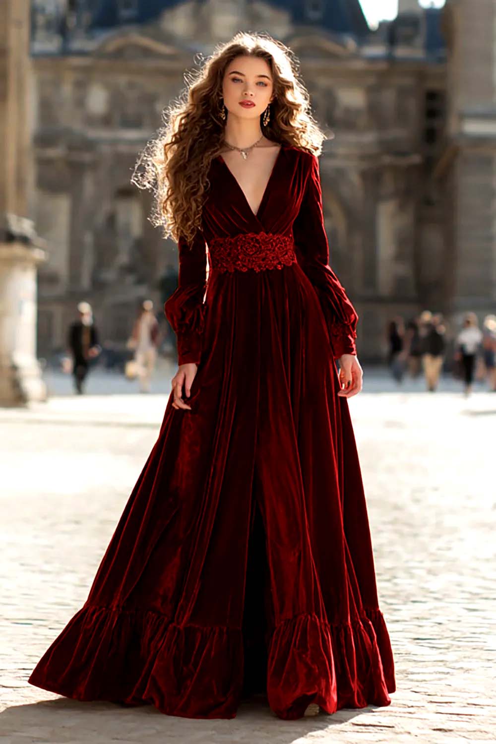 Velvet A-Line Brown V-Neck Maxi Formal Dress With Slit