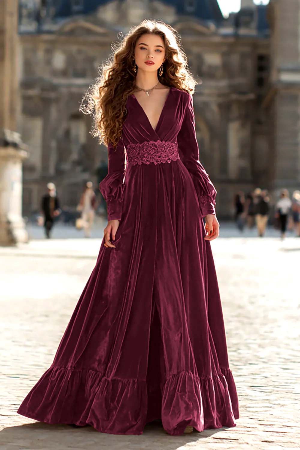 Velvet A-Line Brown V-Neck Maxi Formal Dress With Slit