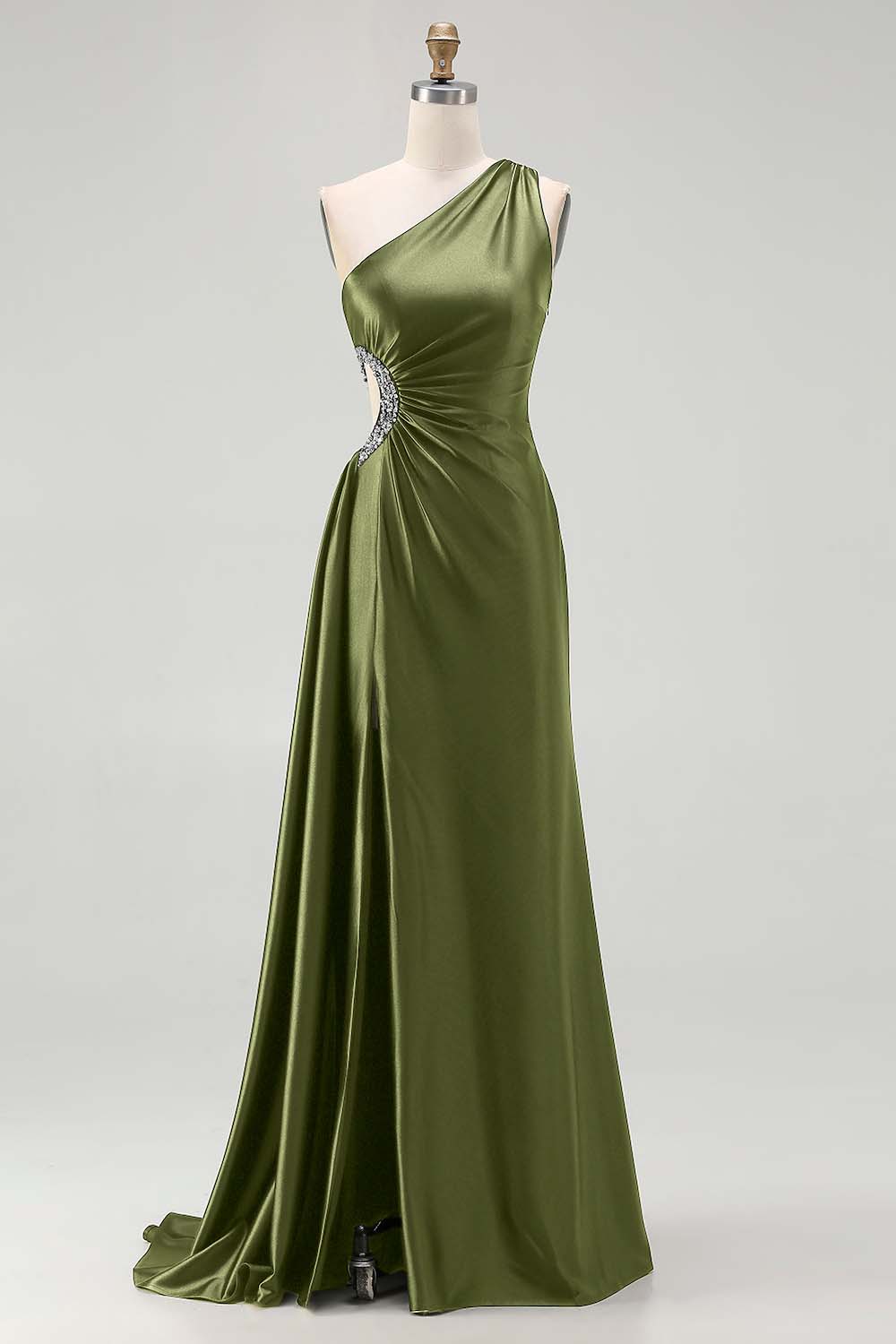 One Shoulder Cut Out Satin Black Tie Dress With Slit