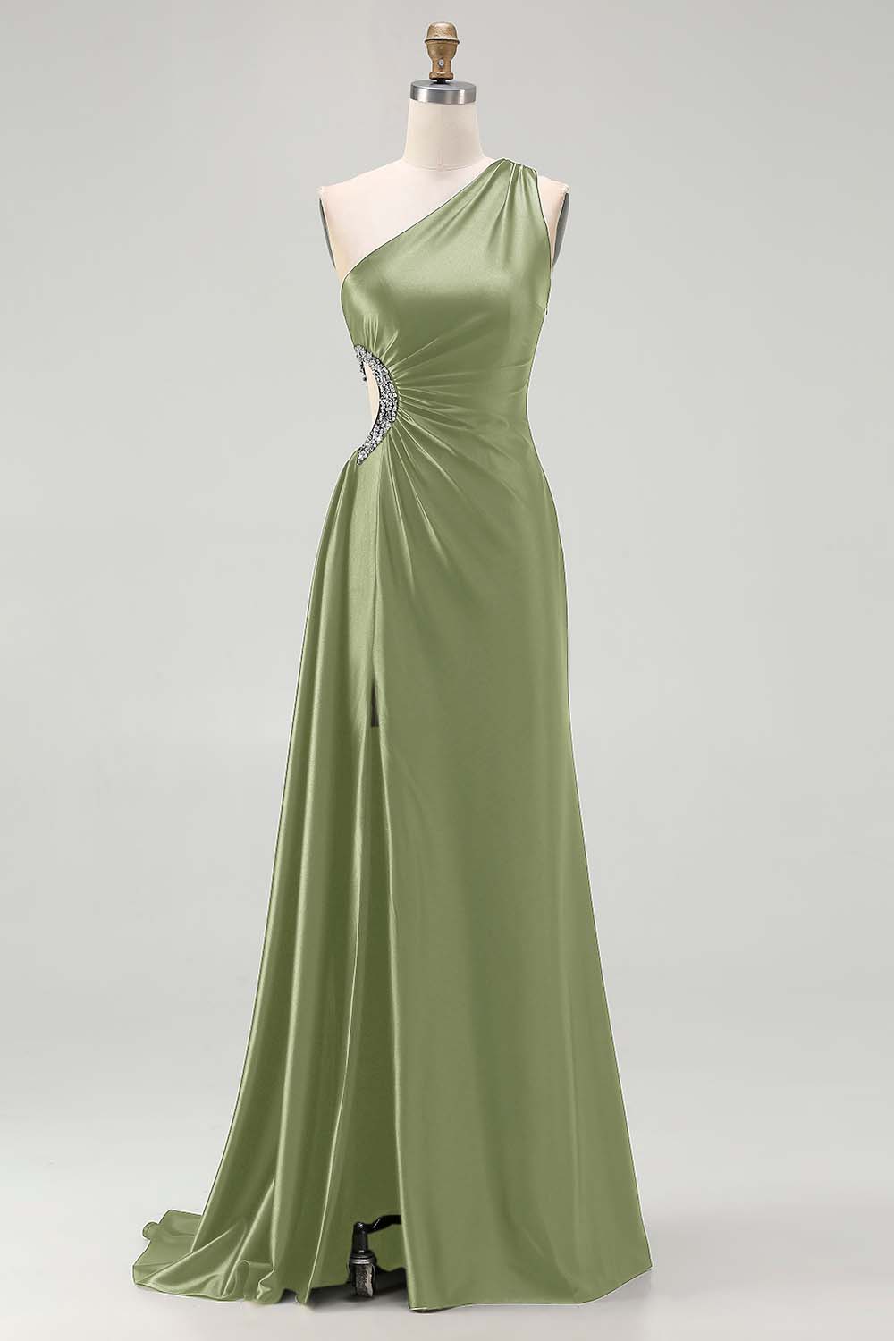 One Shoulder Cut Out Satin Black Tie Dress With Slit